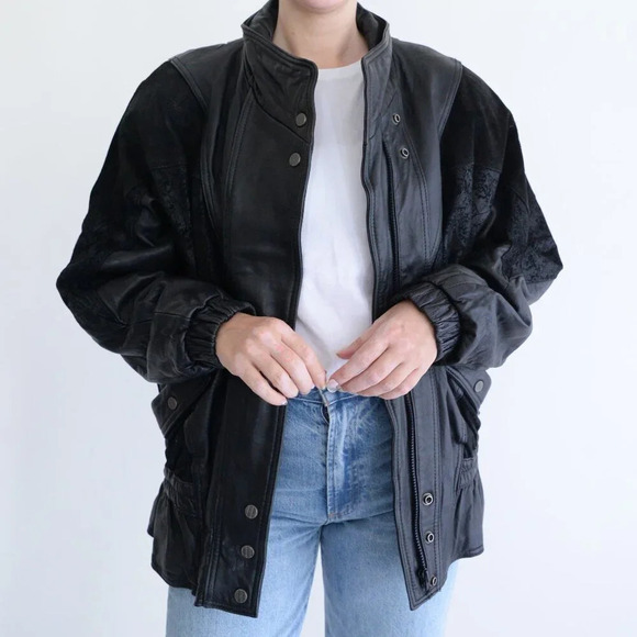 Vintage Giii Black Leather &  Suede Floral Design Zip Up Bomber Jacket Medium - Picture 2 of 15